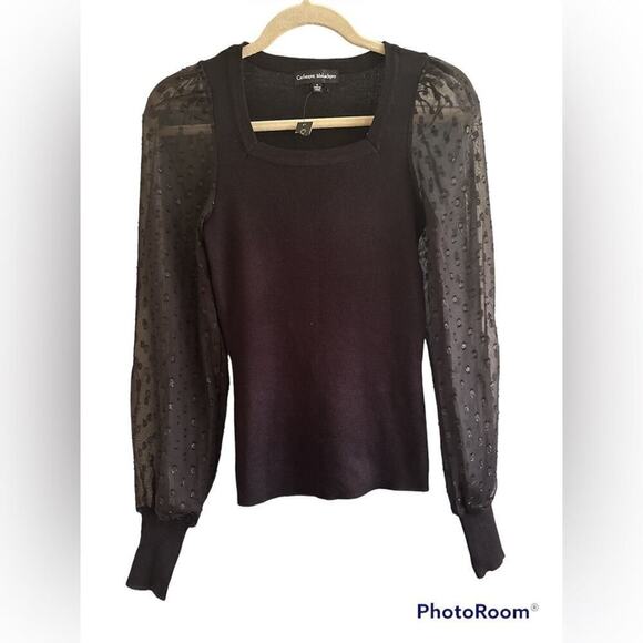 Catherine Malandrino Sheer Polka Dot Sleeve Square Neckline Sweater Size S Black - Picture 1 of 7
